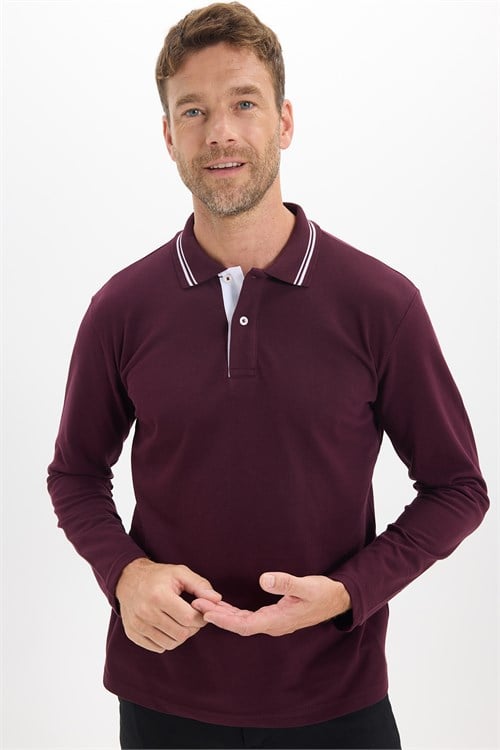 Erkek Slim Fit Dar Kesim %100 Pamuk Uzun Kollu Bordo Polo Yaka Tişört