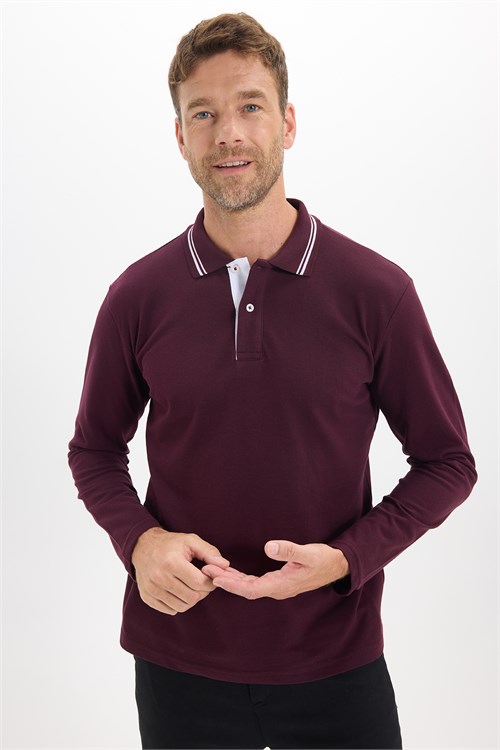 Erkek Slim Fit Dar Kesim %100 Pamuk Uzun Kollu Bordo Polo Yaka Tişört