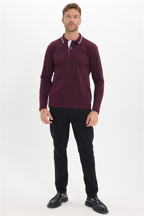Erkek Slim Fit Dar Kesim %100 Pamuk Uzun Kollu Bordo Polo Yaka Tişört