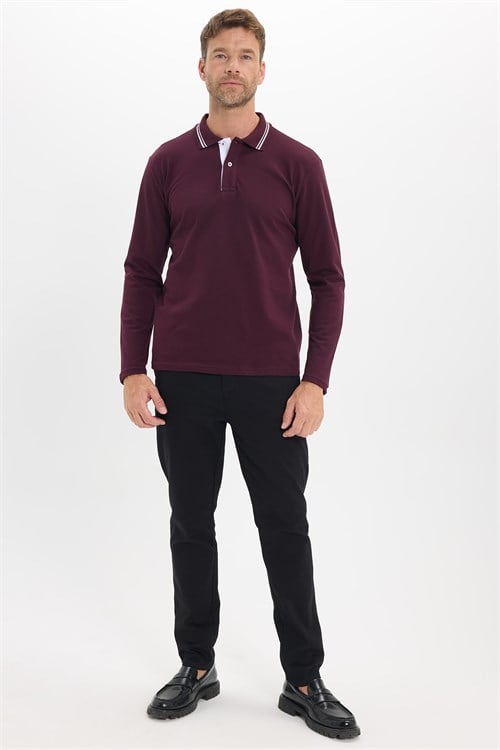 Erkek Slim Fit Dar Kesim %100 Pamuk Uzun Kollu Bordo Polo Yaka Tişört