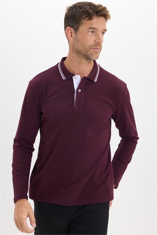 Erkek Slim Fit Dar Kesim %100 Pamuk Uzun Kollu Bordo Polo Yaka Tişört
