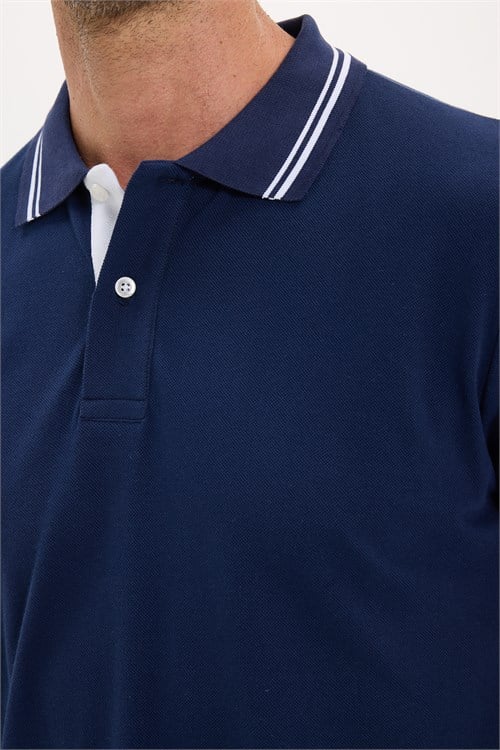 Erkek Slim Fit Dar Kesim %100 Pamuk Uzun Kollu Lacivert Polo Yaka Tişört
