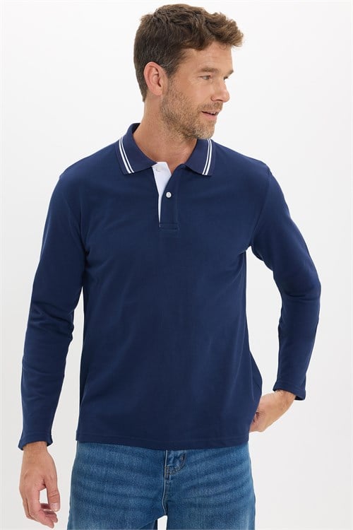 Erkek Slim Fit Dar Kesim %100 Pamuk Uzun Kollu Lacivert Polo Yaka Tişört