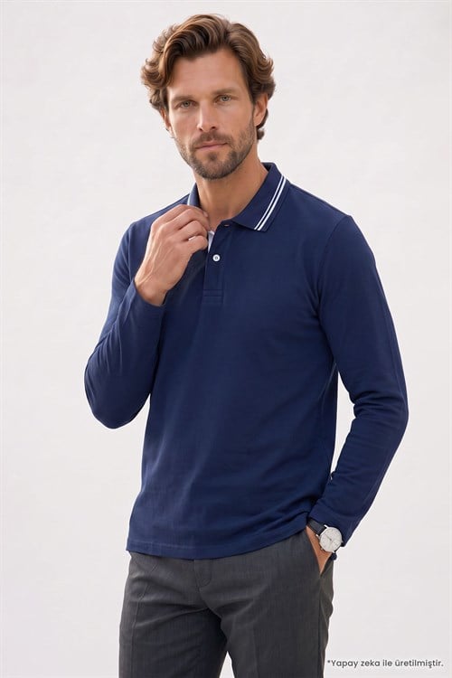 Erkek Slim Fit Dar Kesim %100 Pamuk Uzun Kollu Lacivert Polo Yaka Tişört