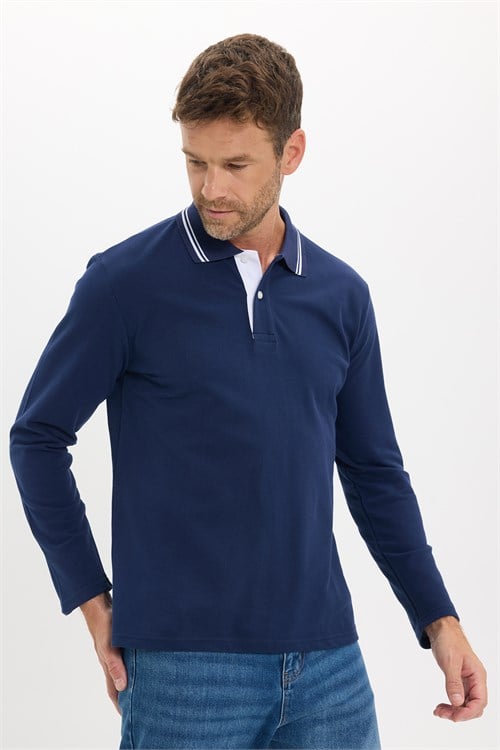 Erkek Slim Fit Dar Kesim %100 Pamuk Uzun Kollu Lacivert Polo Yaka Tişört