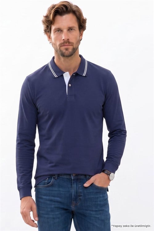 Erkek Slim Fit Dar Kesim %100 Pamuk Uzun Kollu Lacivert Polo Yaka Tişört