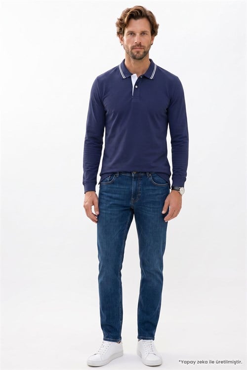 Erkek Slim Fit Dar Kesim %100 Pamuk Uzun Kollu Lacivert Polo Yaka Tişört