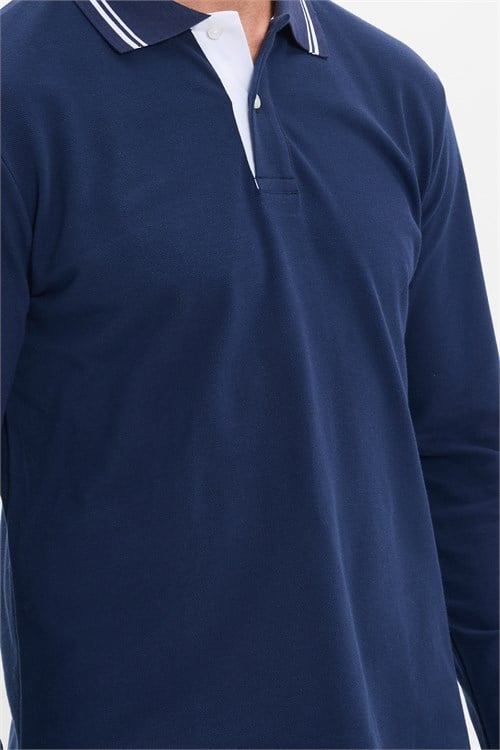 Erkek Slim Fit Dar Kesim %100 Pamuk Uzun Kollu Lacivert Polo Yaka Tişört