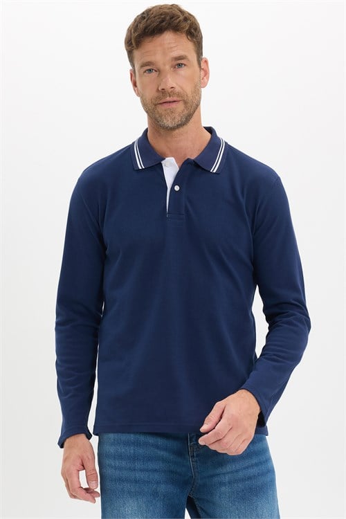 Erkek Slim Fit Dar Kesim %100 Pamuk Uzun Kollu Lacivert Polo Yaka Tişört