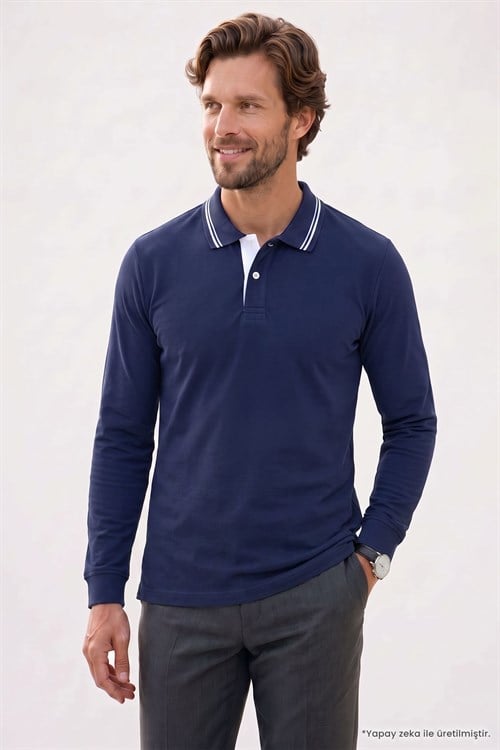 Erkek Slim Fit Dar Kesim %100 Pamuk Uzun Kollu Lacivert Polo Yaka Tişört