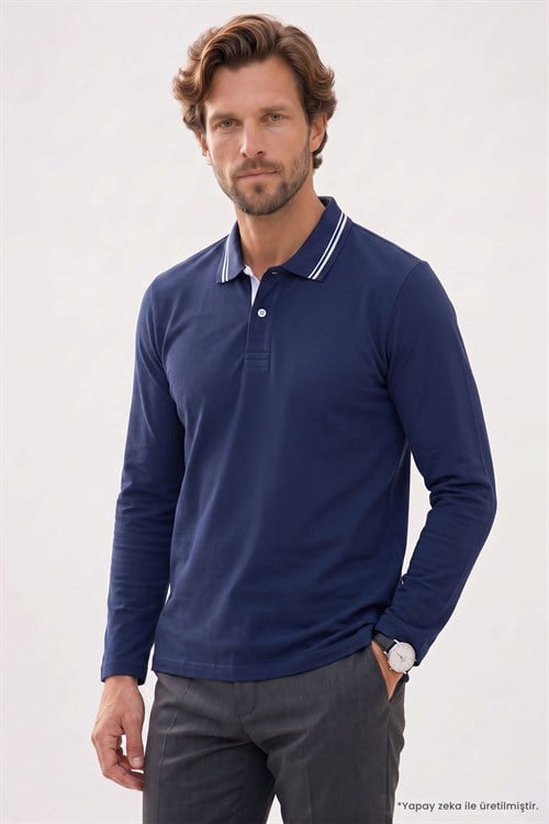 Erkek Slim Fit Dar Kesim %100 Pamuk Uzun Kollu Lacivert Polo Yaka Tişört