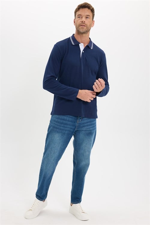 Erkek Slim Fit Dar Kesim %100 Pamuk Uzun Kollu Lacivert Polo Yaka Tişört