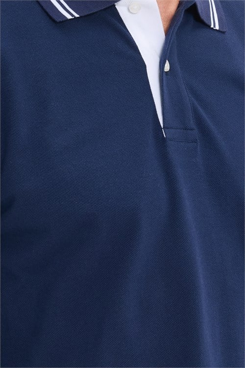 Erkek Slim Fit Dar Kesim %100 Pamuk Uzun Kollu Lacivert Polo Yaka Tişört