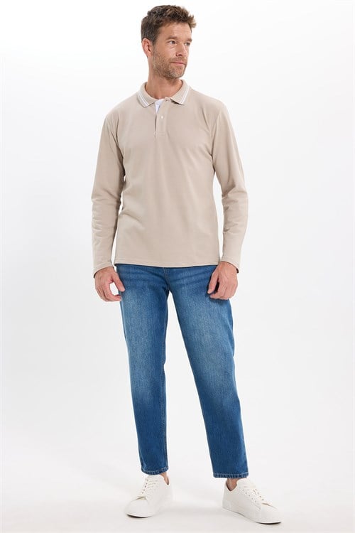Erkek Slim Fit Dar Kesim %100 Pamuk Uzun Kollu Taş Polo Yaka Tişört