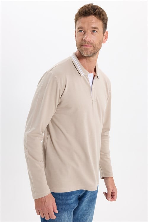 Erkek Slim Fit Dar Kesim %100 Pamuk Uzun Kollu Taş Polo Yaka Tişört