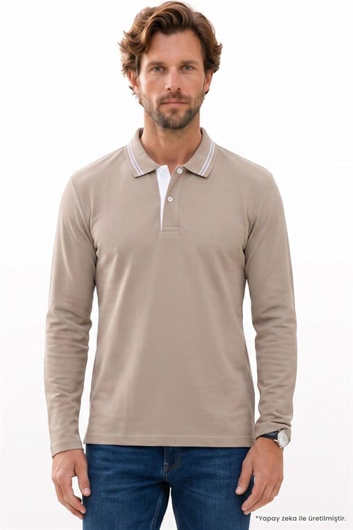 Erkek Slim Fit Dar Kesim %100 Pamuk Uzun Kollu Taş Polo Yaka Tişört