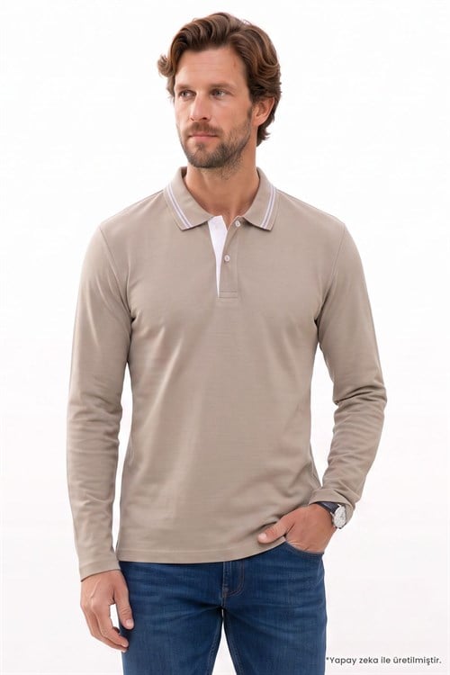 Erkek Slim Fit Dar Kesim %100 Pamuk Uzun Kollu Taş Polo Yaka Tişört