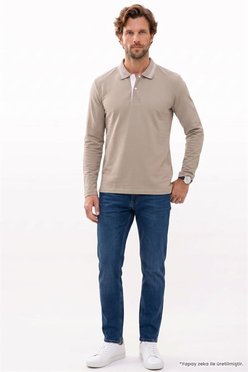 Erkek Slim Fit Dar Kesim %100 Pamuk Uzun Kollu Taş Polo Yaka Tişört