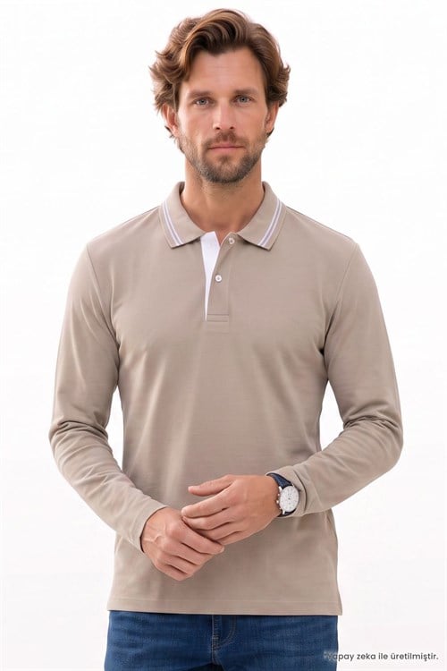Erkek Slim Fit Dar Kesim %100 Pamuk Uzun Kollu Taş Polo Yaka Tişört