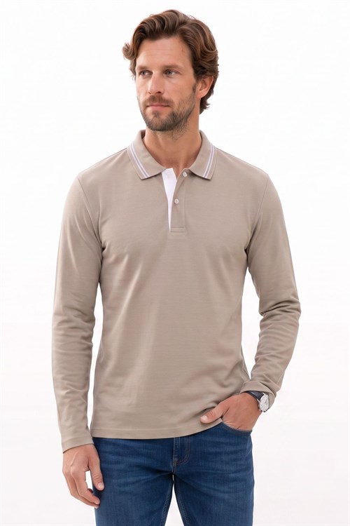 Erkek Slim Fit Dar Kesim %100 Pamuk Uzun Kollu Taş Polo Yaka Tişört