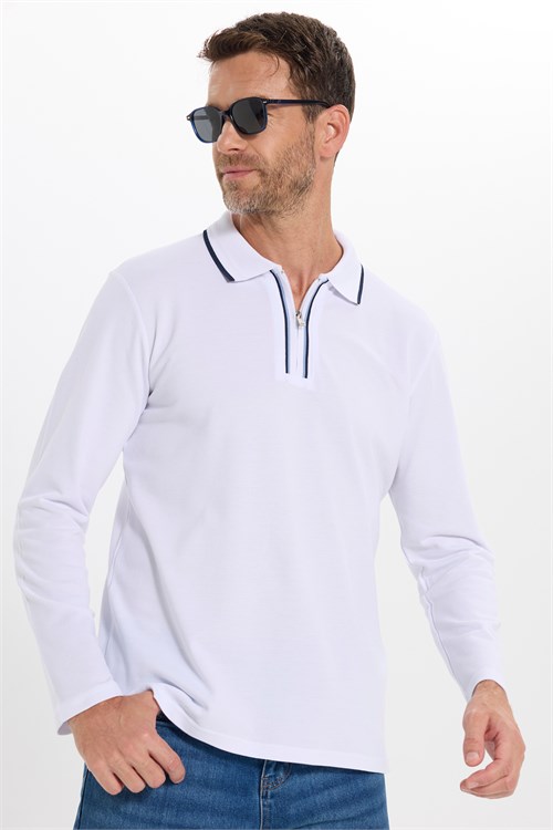 Erkek Slim Fit Dar Kesim %100 Pamuk Uzun Kollu Fermuarlı Beyaz Polo Yaka Tişört
