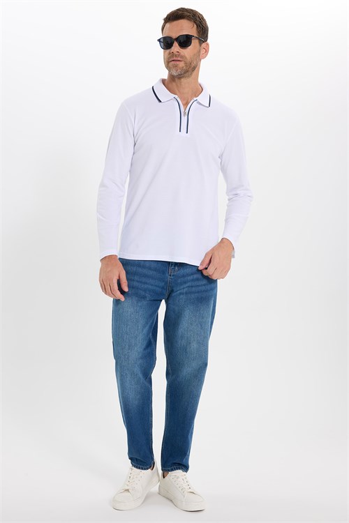 Erkek Slim Fit Dar Kesim %100 Pamuk Uzun Kollu Fermuarlı Beyaz Polo Yaka Tişört