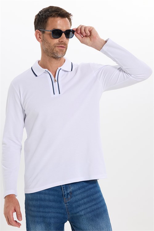 Erkek Slim Fit Dar Kesim %100 Pamuk Uzun Kollu Fermuarlı Beyaz Polo Yaka Tişört