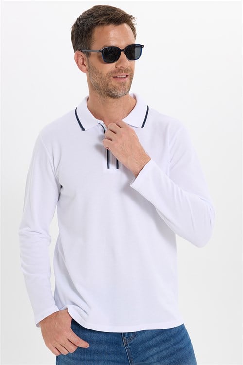 Erkek Slim Fit Dar Kesim %100 Pamuk Uzun Kollu Fermuarlı Beyaz Polo Yaka Tişört