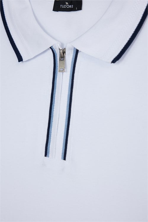 Erkek Slim Fit Dar Kesim %100 Pamuk Uzun Kollu Fermuarlı Beyaz Polo Yaka Tişört