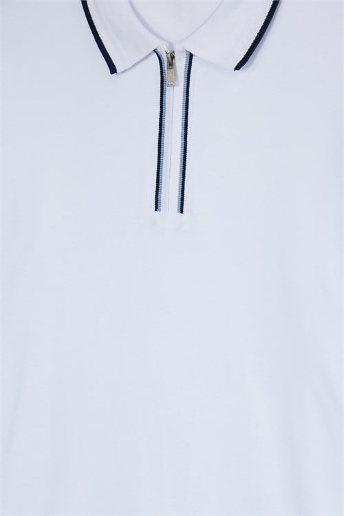Erkek Slim Fit Dar Kesim %100 Pamuk Uzun Kollu Fermuarlı Beyaz Polo Yaka Tişört