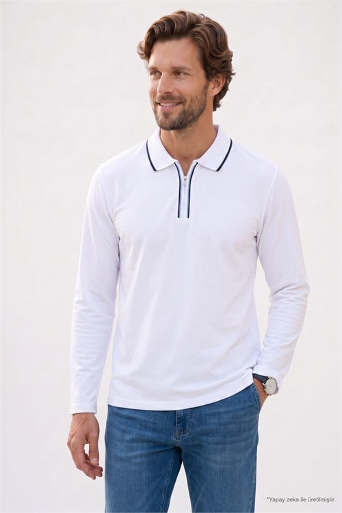Erkek Slim Fit Dar Kesim %100 Pamuk Uzun Kollu Fermuarlı Beyaz Polo Yaka Tişört