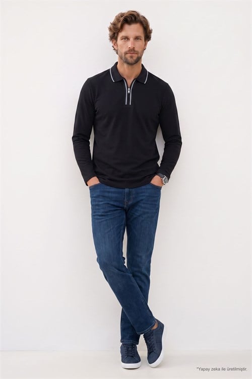 Erkek Slim Fit Dar Kesim %100 Pamuk Uzun Kollu Fermuarlı Siyah Polo Yaka Tişört
