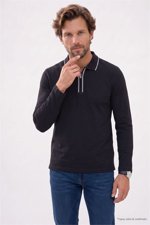 Erkek Slim Fit Dar Kesim %100 Pamuk Uzun Kollu Fermuarlı Siyah Polo Yaka Tişört