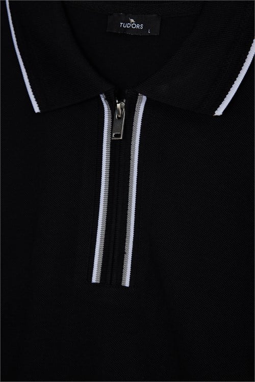 Erkek Slim Fit Dar Kesim %100 Pamuk Uzun Kollu Fermuarlı Siyah Polo Yaka Tişört