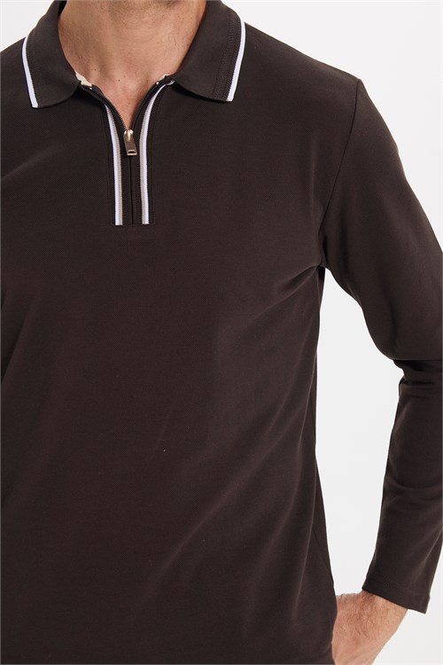 Erkek Slim Fit Dar Kesim %100 Pamuk Uzun Kollu Fermuarlı Kahverengi Polo Yaka Tişört