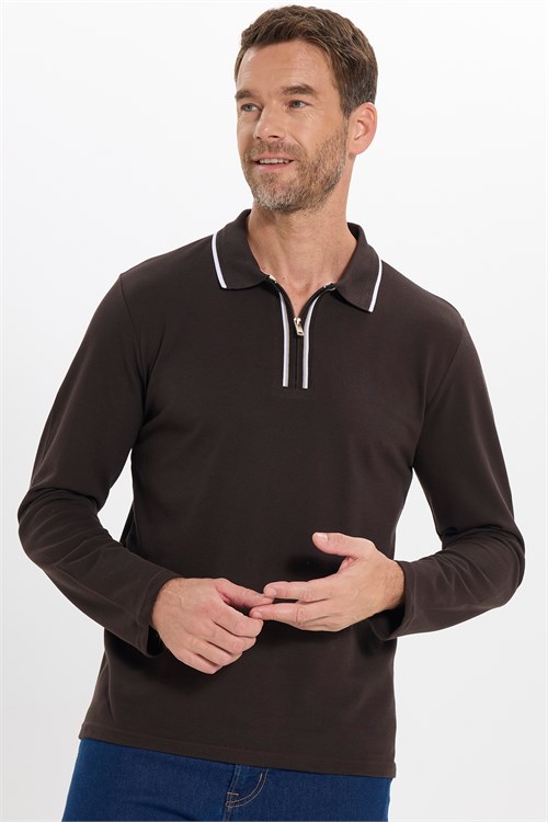 Erkek Slim Fit Dar Kesim %100 Pamuk Uzun Kollu Fermuarlı Kahverengi Polo Yaka Tişört