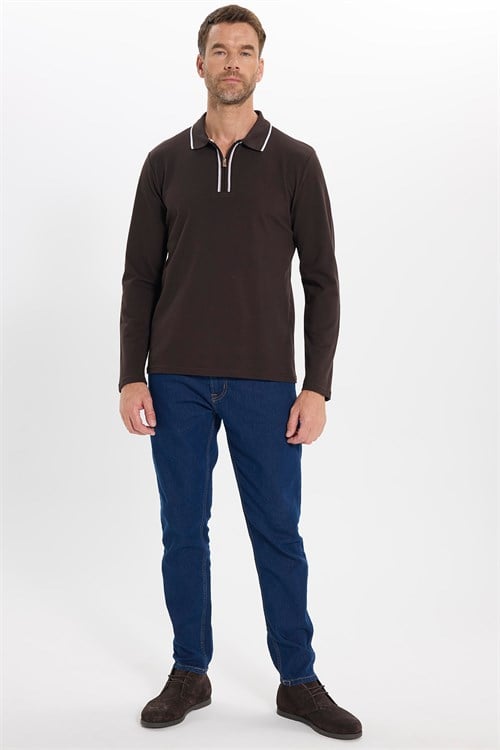 Erkek Slim Fit Dar Kesim %100 Pamuk Uzun Kollu Fermuarlı Kahverengi Polo Yaka Tişört