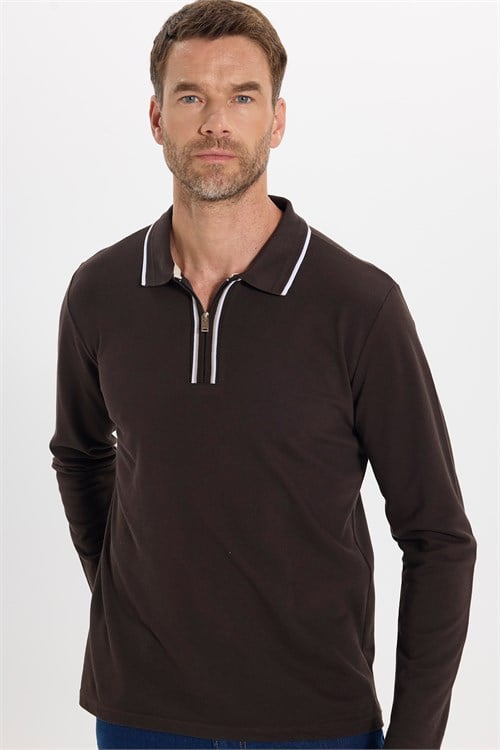 Erkek Slim Fit Dar Kesim %100 Pamuk Uzun Kollu Fermuarlı Kahverengi Polo Yaka Tişört