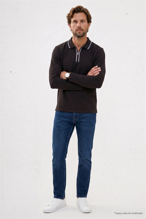 Erkek Slim Fit Dar Kesim %100 Pamuk Uzun Kollu Fermuarlı Kahverengi Polo Yaka Tişört
