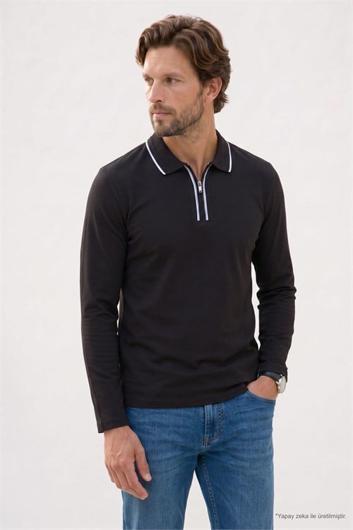 Erkek Slim Fit Dar Kesim %100 Pamuk Uzun Kollu Fermuarlı Kahverengi Polo Yaka Tişört