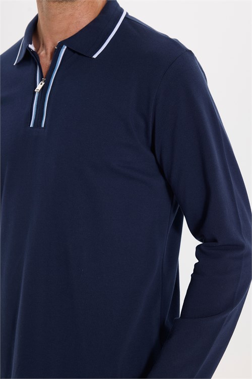 Erkek Slim Fit Dar Kesim %100 Pamuk Uzun Kollu Fermuarlı Lacivert Polo Yaka Tişört