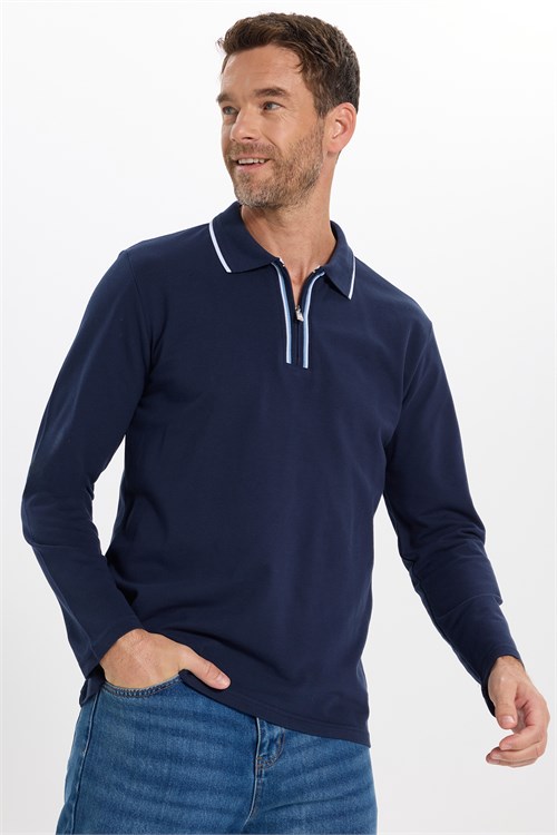 Erkek Slim Fit Dar Kesim %100 Pamuk Uzun Kollu Fermuarlı Lacivert Polo Yaka Tişört