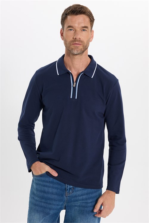 Erkek Slim Fit Dar Kesim %100 Pamuk Uzun Kollu Fermuarlı Lacivert Polo Yaka Tişört