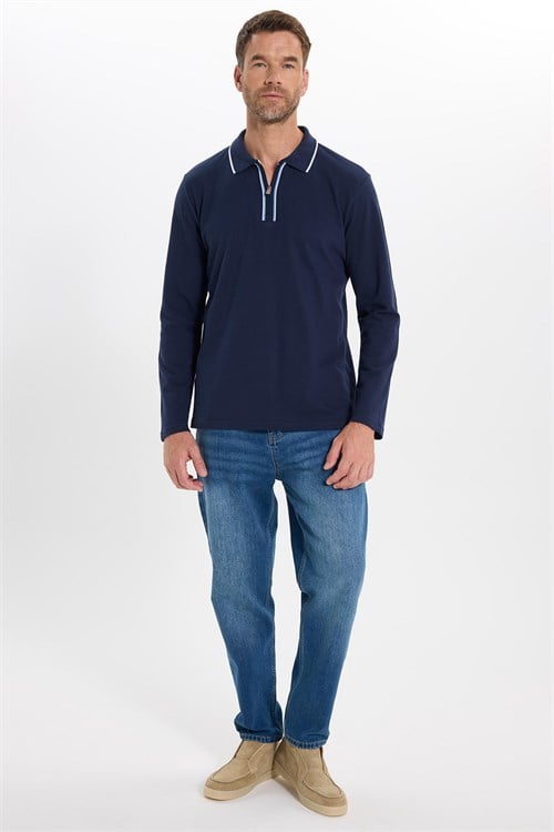 Erkek Slim Fit Dar Kesim %100 Pamuk Uzun Kollu Fermuarlı Lacivert Polo Yaka Tişört