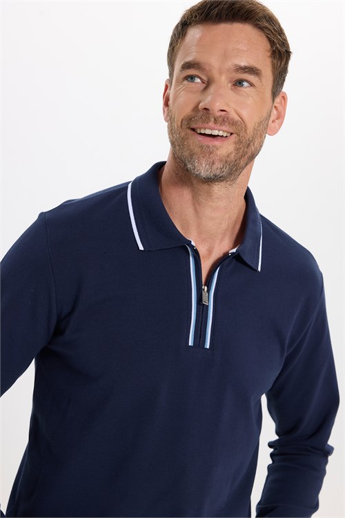 Erkek Slim Fit Dar Kesim %100 Pamuk Uzun Kollu Fermuarlı Lacivert Polo Yaka Tişört
