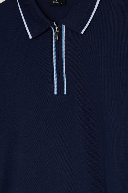 Erkek Slim Fit Dar Kesim %100 Pamuk Uzun Kollu Fermuarlı Lacivert Polo Yaka Tişört