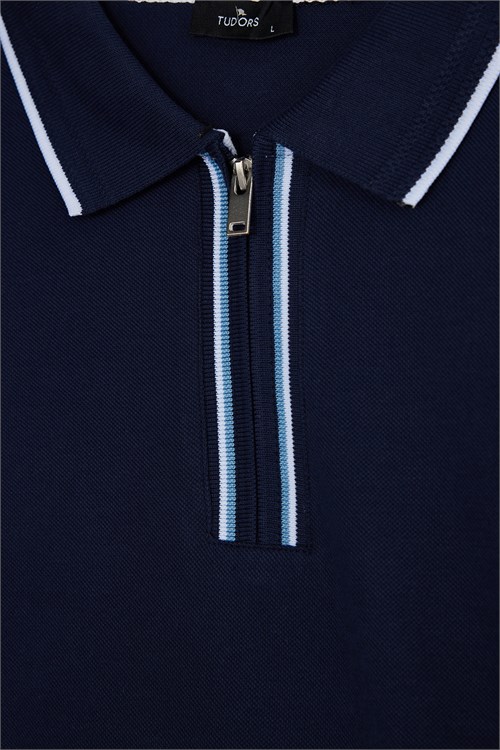 Erkek Slim Fit Dar Kesim %100 Pamuk Uzun Kollu Fermuarlı Lacivert Polo Yaka Tişört