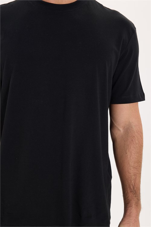Erkek Loose Fit Rahat Kesim %100 Pamuk Kısa Kollu Siyah Bisiklet Yaka Tişört