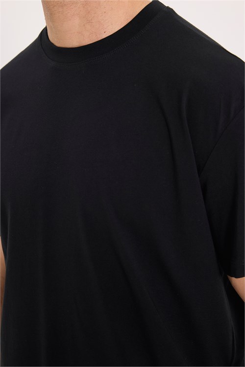 Erkek Loose Fit Rahat Kesim %100 Pamuk Kısa Kollu Siyah Bisiklet Yaka Tişört
