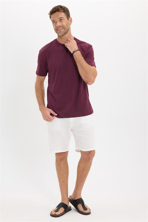 Erkek Loose Fit Rahat Kesim %100 Pamuk Yumuşak Dokulu Kısa Kollu Bordo Bisiklet Yaka Tişört
